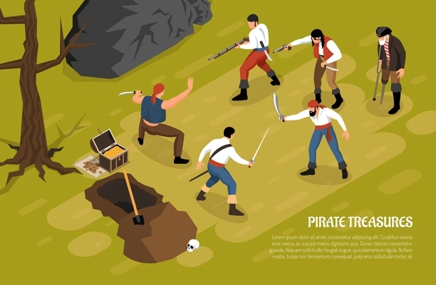 Armed men during fight for pirate treasures on green background horizontal isometric vector illustration