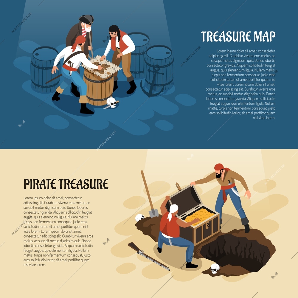 Pirates near treasure map and chest with gold isometric banners isolated on blue beige background vector illustration