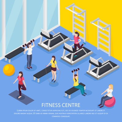 Women health isometric background indoor composition with human characters and fitness club room with editable text vector illustration