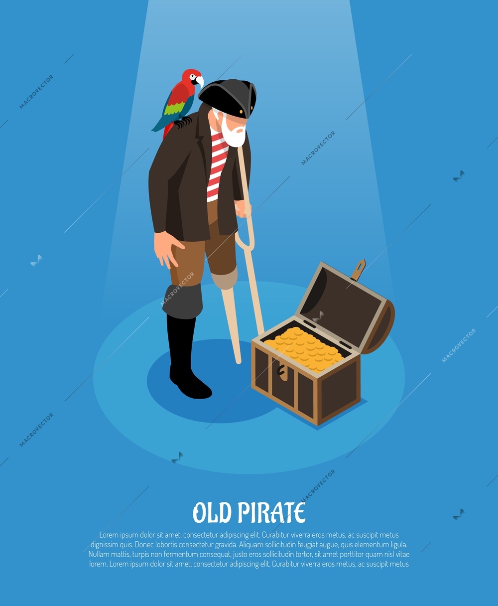 Old pirate with wooden leg and parrot near treasure chest isometric composition on blue background vector illustration