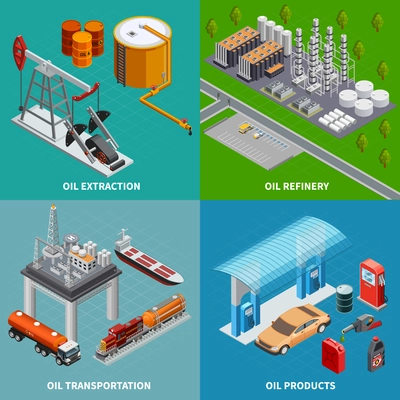 Oil industry extraction equipment refinery and transportation 2x2 colorful isometric concept 3d isolated vector illustration