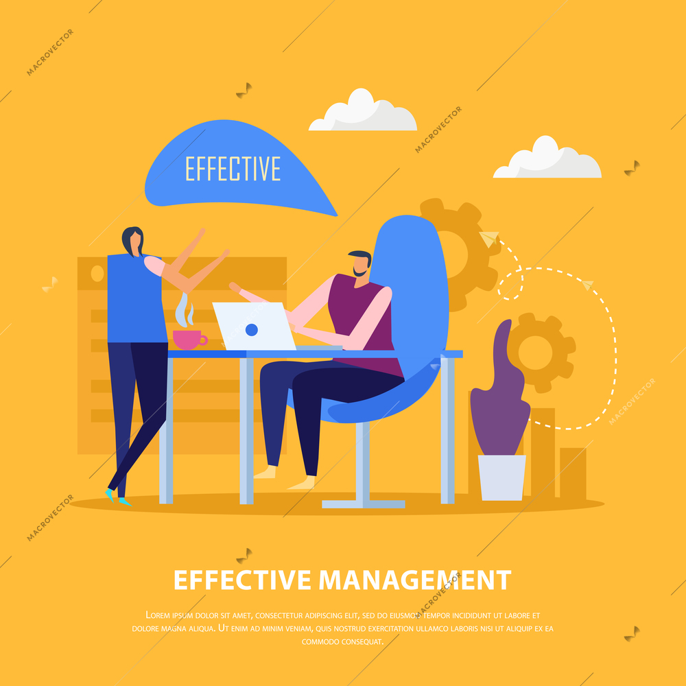 Effective management concept flat background with gear pictograms and human characters of office workers with text vector illustration