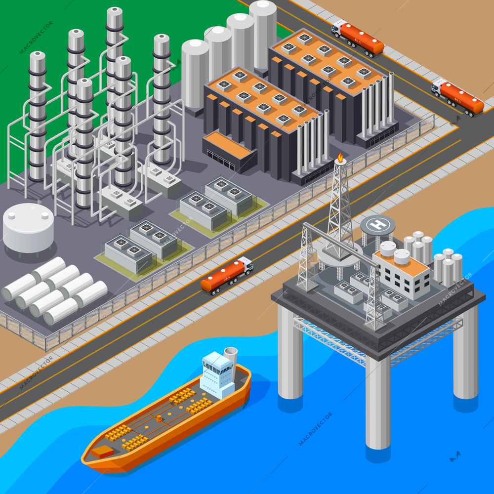 Isometric composition with oil refinery tanker and sea platform 3d vector illustration