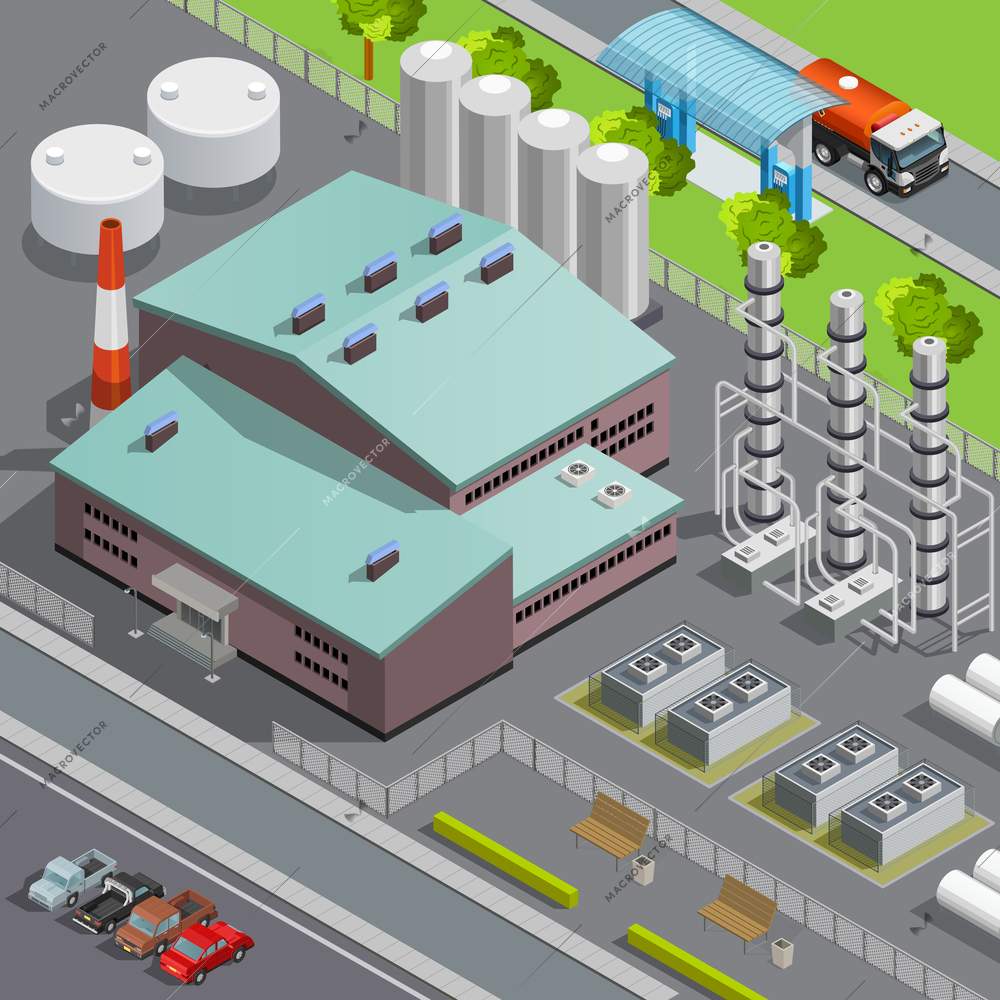 Colorful isometric oil refinery and transport composition 3d vector illustration