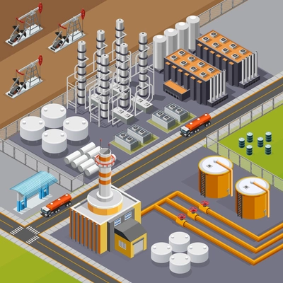 Oil industry and transportation composition with big refinery and pumpjacks 3d isometric vector illustration