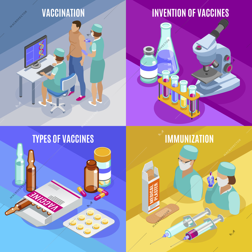 Vaccination isometric 2x2 design concept with compositions of medical supplies glass tubes with vaccines and people vector illustration