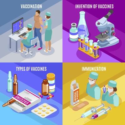 Vaccination isometric 2x2 design concept with compositions of medical supplies glass tubes with vaccines and people vector illustration