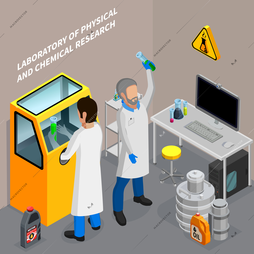 Two scientists researching oil in chemical laboratory 3d isometric vector illustration