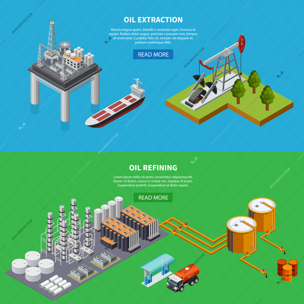 Isometric set of two horizontal banners with oil industry refining and extraction equipment isolated on colorful background 3d vector illustration