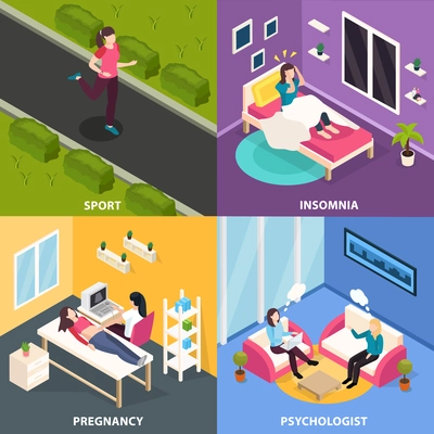 Women health isometric 2x2 design concept with female human characters in different situations with medical doctors vector illustration