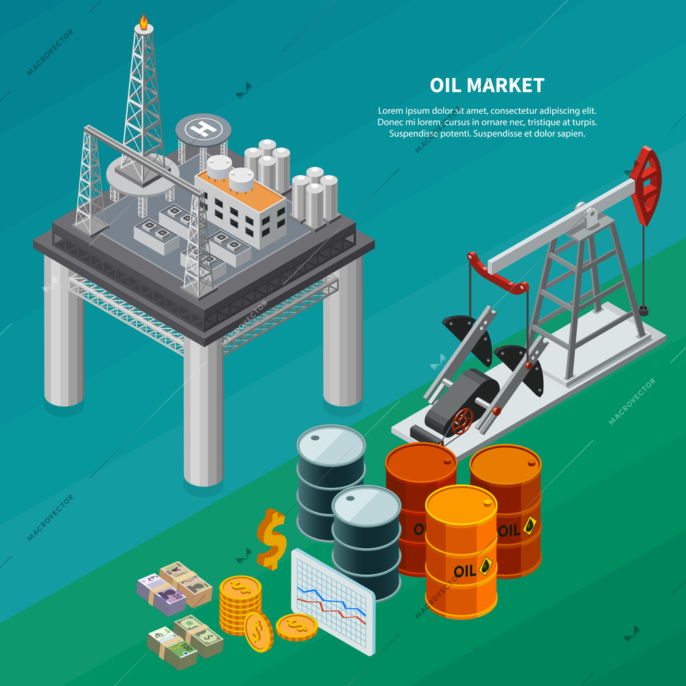 Oil industry isometric composition with refinery sea platform pumpjack canisters money 3d isometric vector illustration