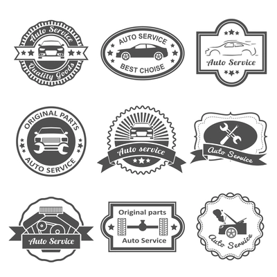 Auto mechanic service black labels best choice quality goods set isolated vector illustration