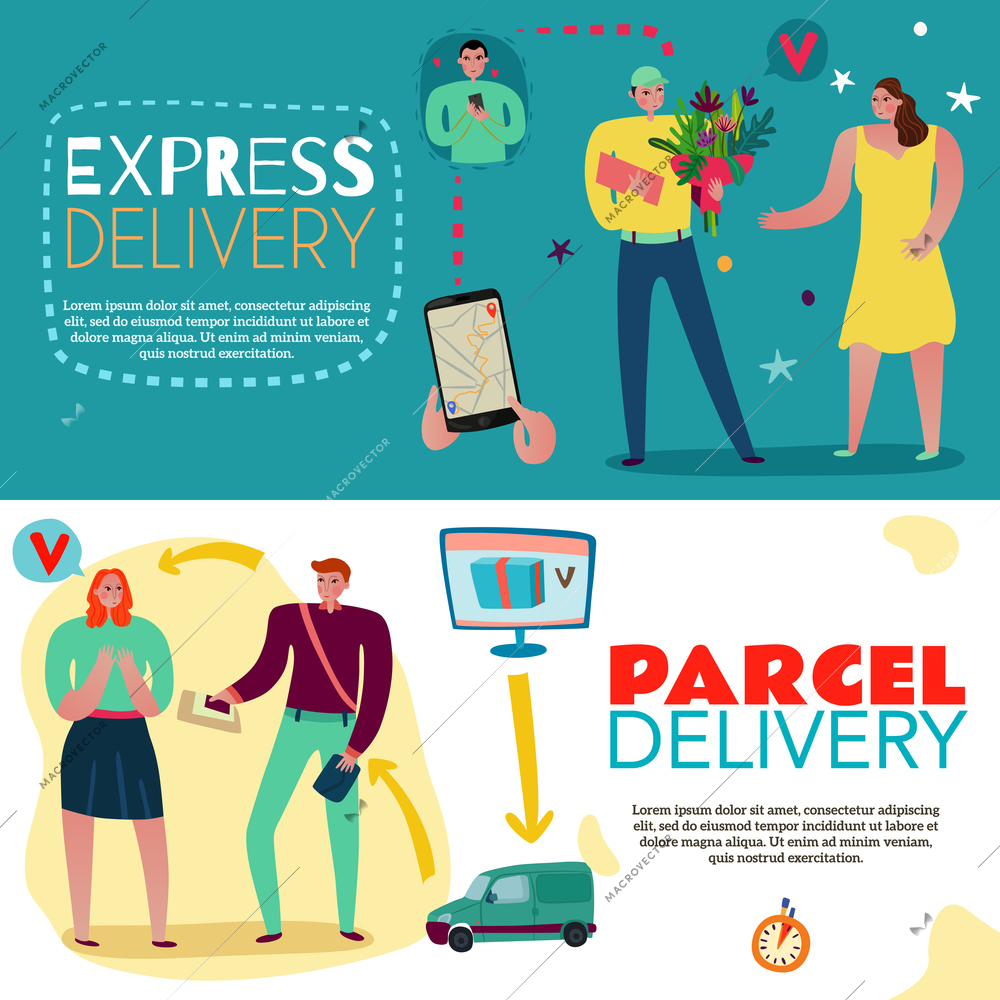 Delivery service horizontal banners set with express delivery symbols flat isolated vector illustration