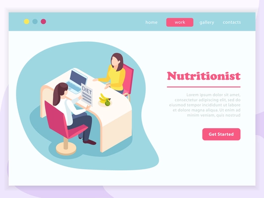 Women health isometric website page with women characters on nutritional consultation with get started button and text vector illustration