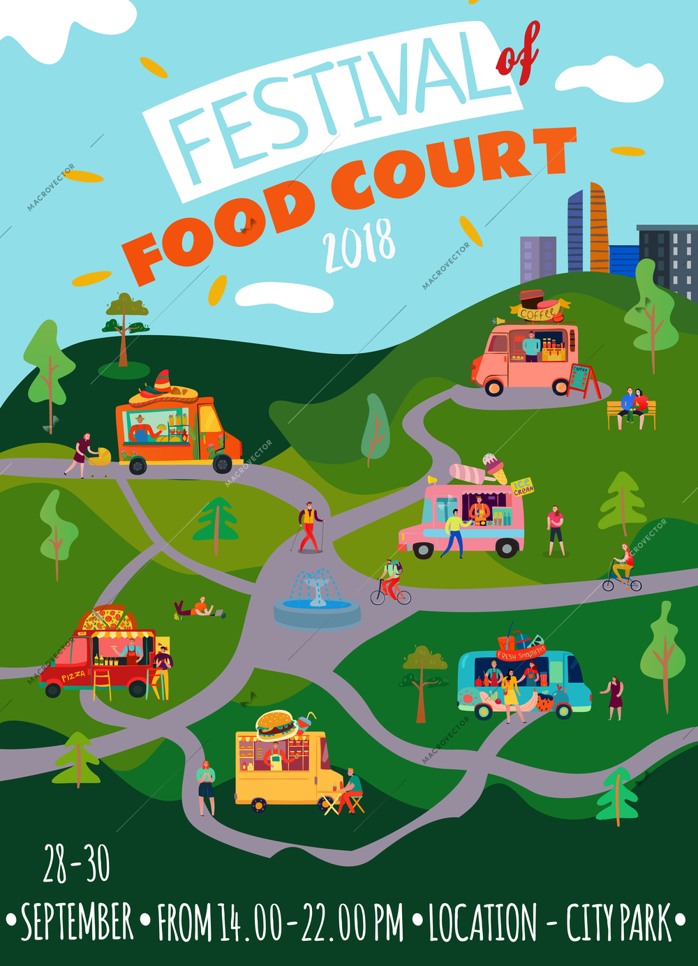 Food trucks poster with festival food court  symbols flat vector illustration