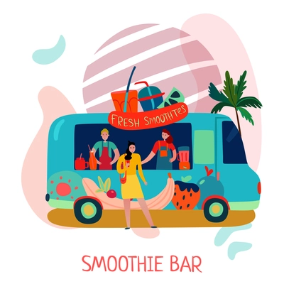 Smoothies bar concept with fruit drinks symbols flat vector illustration