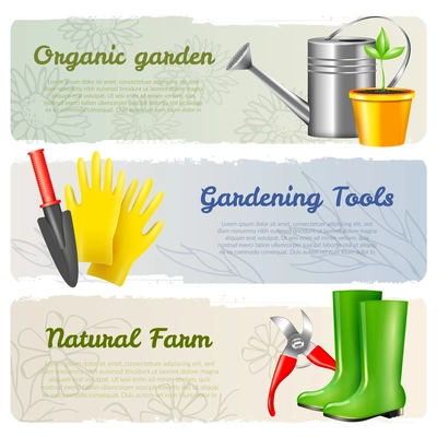 Set of three realistic garden tool horizontal banners with editable text and images of gardening equipment vector illustration