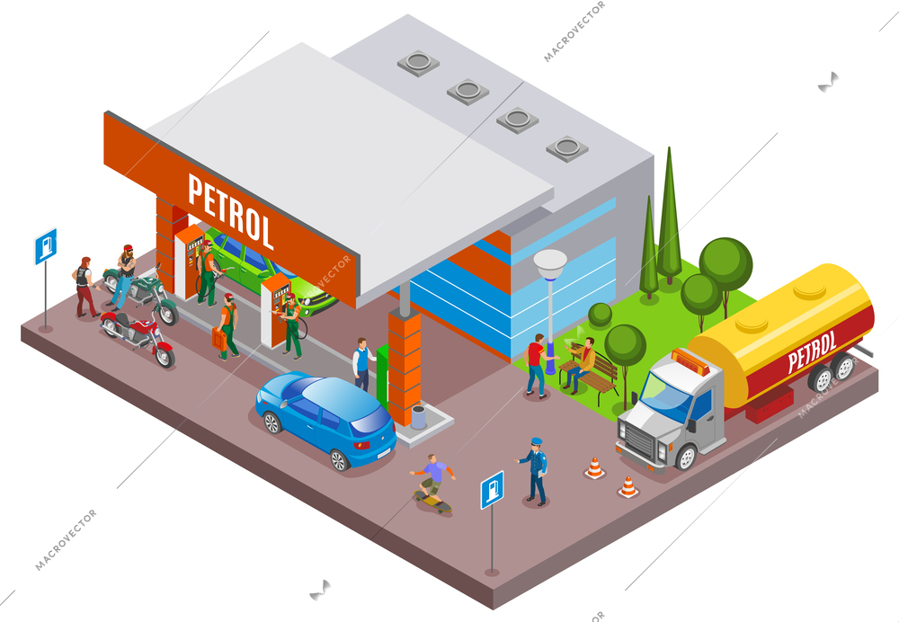 Gas stations refills isometric composition with urban scenery and petrol filling station with people and cars vector illustration