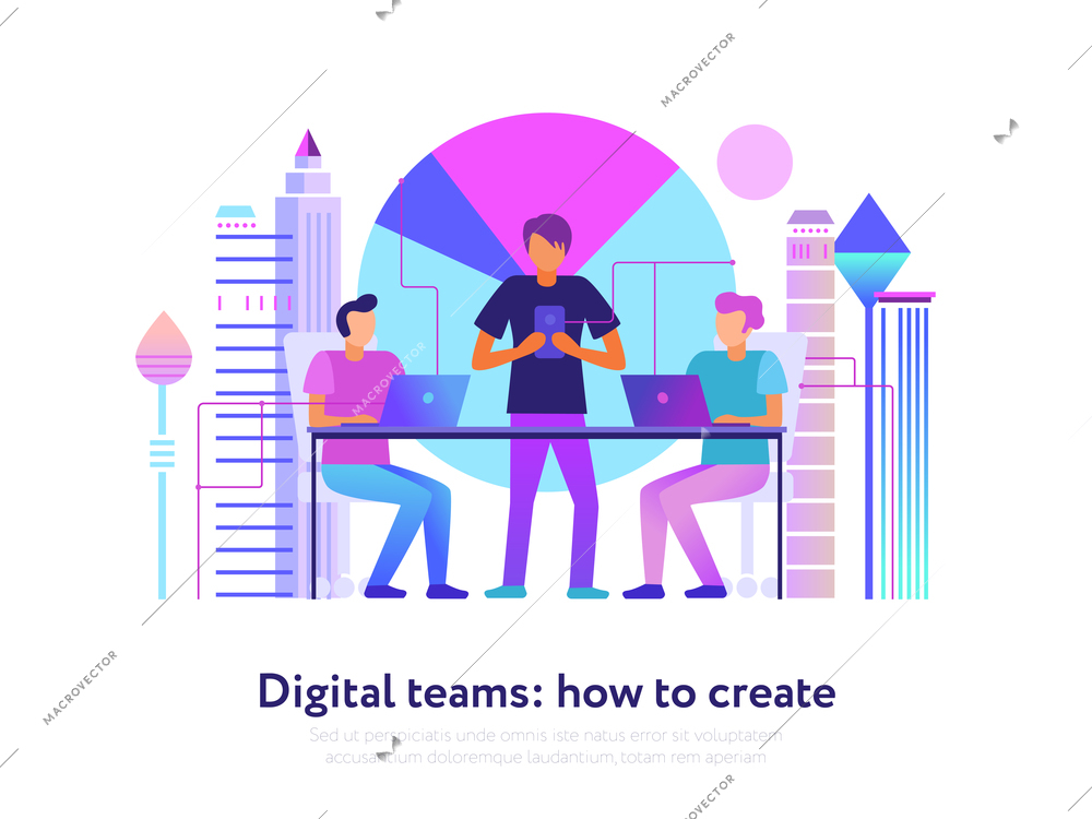 Digital teams design with modern technologies symbols flat vector illustration