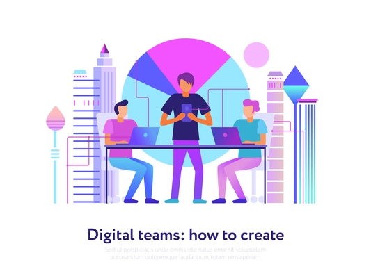 Digital teams design with modern technologies symbols flat vector illustration