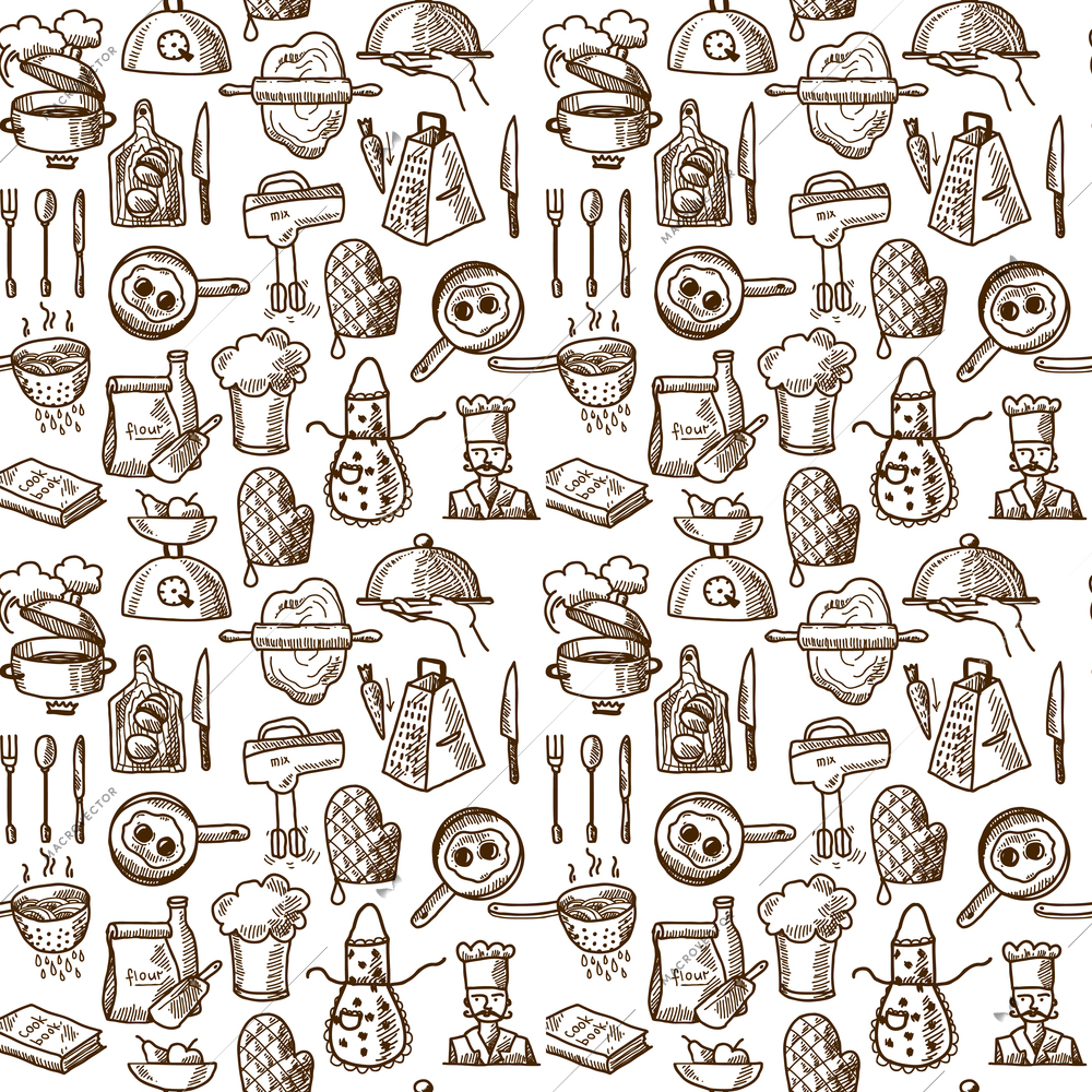 Cooking process delicious food sketch icons seamless pattern vector illustration