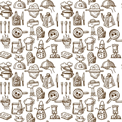Cooking process delicious food sketch icons seamless pattern vector illustration