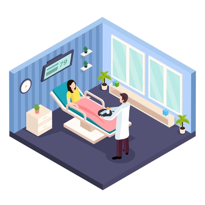 Women health isometric composition with indoor view of hospital room female paient and consulting physician characters vector illustration
