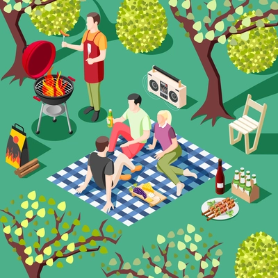Grill bbq party isometric background with group of young friends having rest in the wild scenery vector illustration