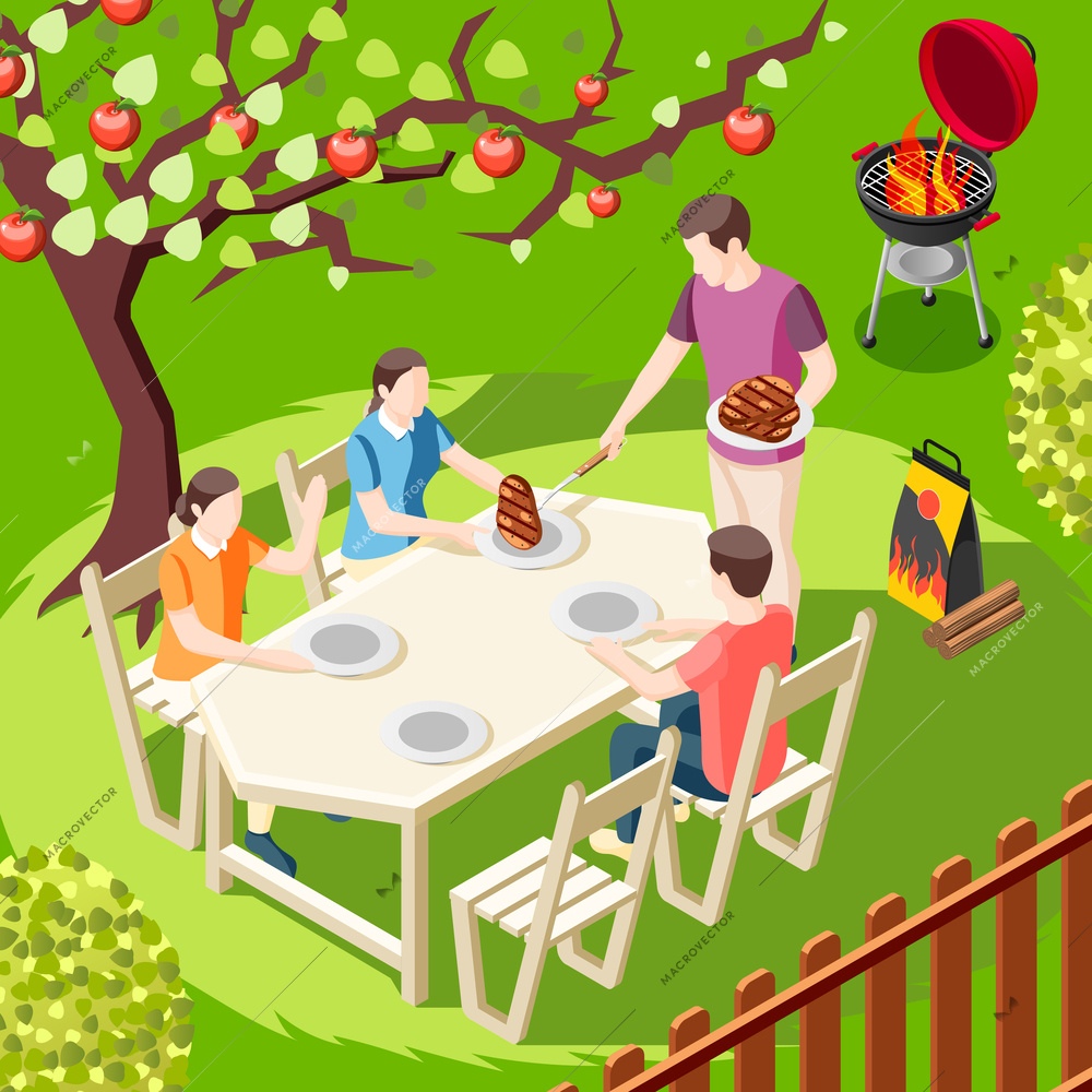 Grill bbq party isometric background with back yard landscape and family member characters sitting at table vector illustration