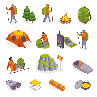 Hiking isometric icons collection with isolated images of camping gear items and human characters of tourists vector illustration