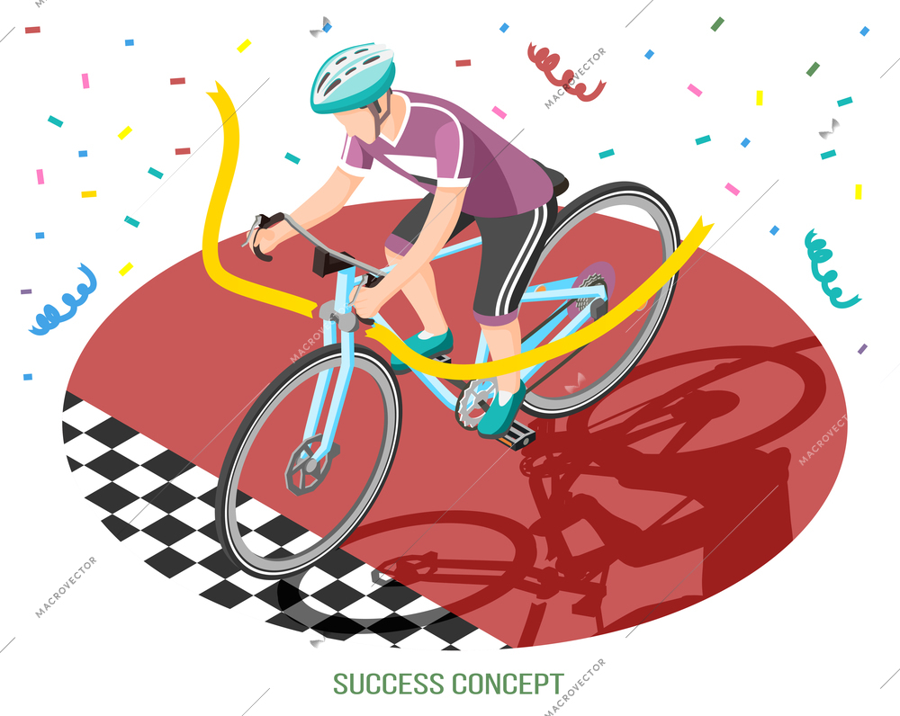 Success concept isometric composition with human character of bike rider crossing finish line with editable text vector illustration