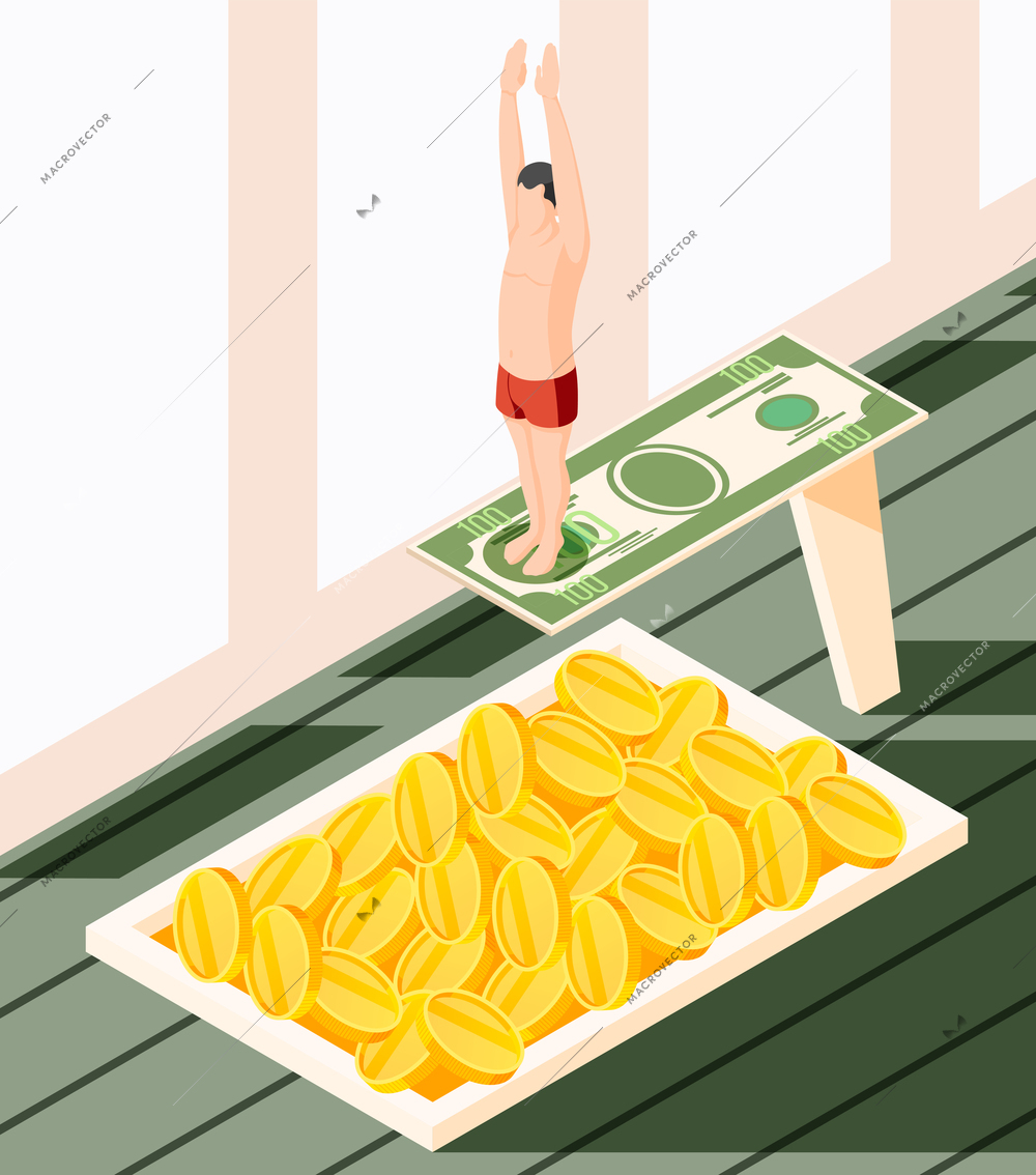 Success concept isometric background with images of pool filled with coins and man on diving tower vector illustration