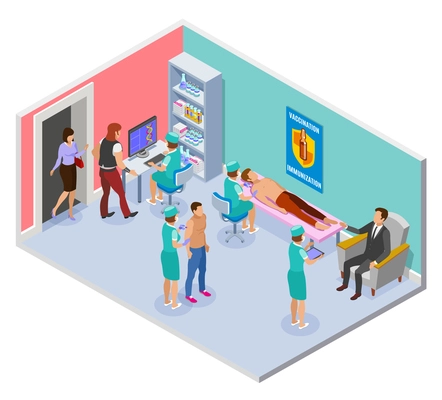 Vaccination isometric composition with view of hospital room with interior elements and medical workers administering injections vector illustration