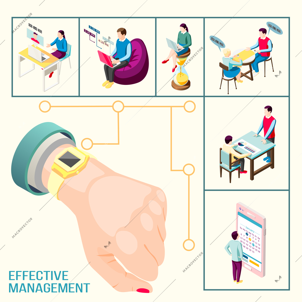 Effective management concept isometric background with isolated images of communicating people thought bubbles and computer gadgets vector illustration