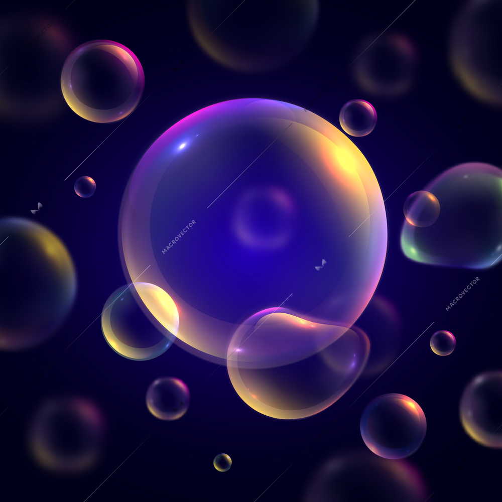 Colorful transparent soap bubbles on dark background realistic vector illustration