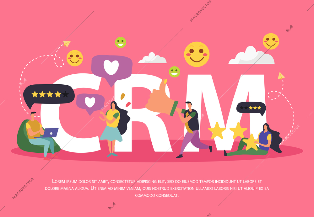 CRM customer relationship management background composition of cartoon human characters pictograms thought bubbles and editable text vector illustration