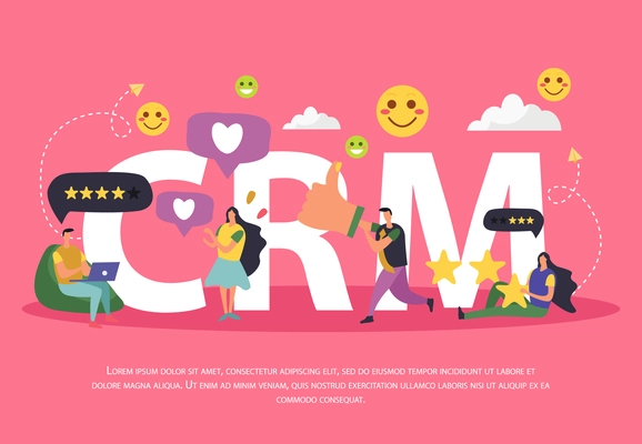 CRM customer relationship management background composition of cartoon human characters pictograms thought bubbles and editable text vector illustration