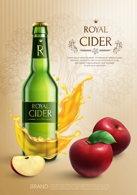 Realistic advertising composition with bottle of royal cider and red apples vector illustration