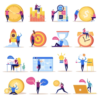 Effective management concept flat icons collection of isolated doodle style images with human characters and symbols vector illustration