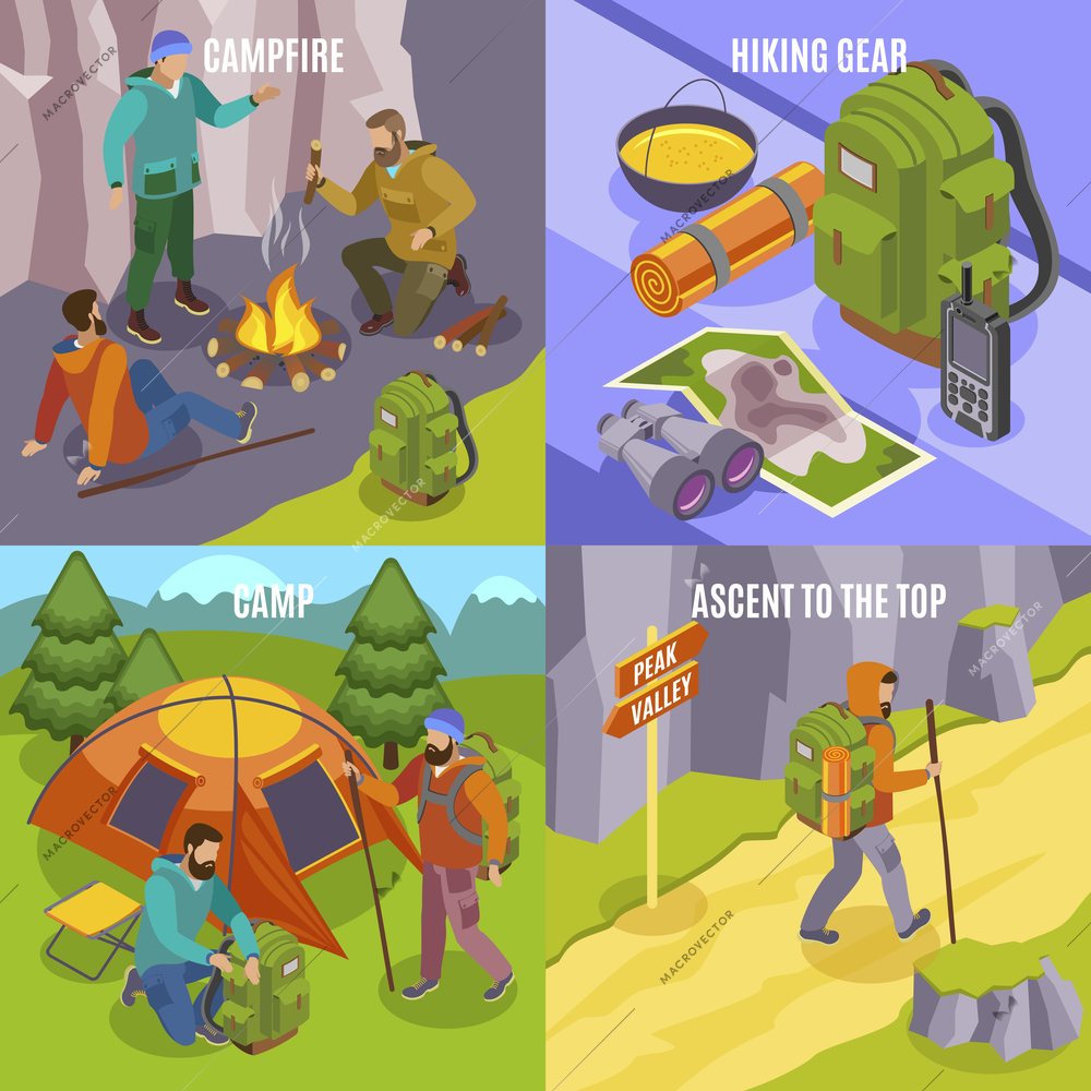 Hiking isometric 2x2 design concept with compositions of hiking gear images and people walking setting camps vector illustration