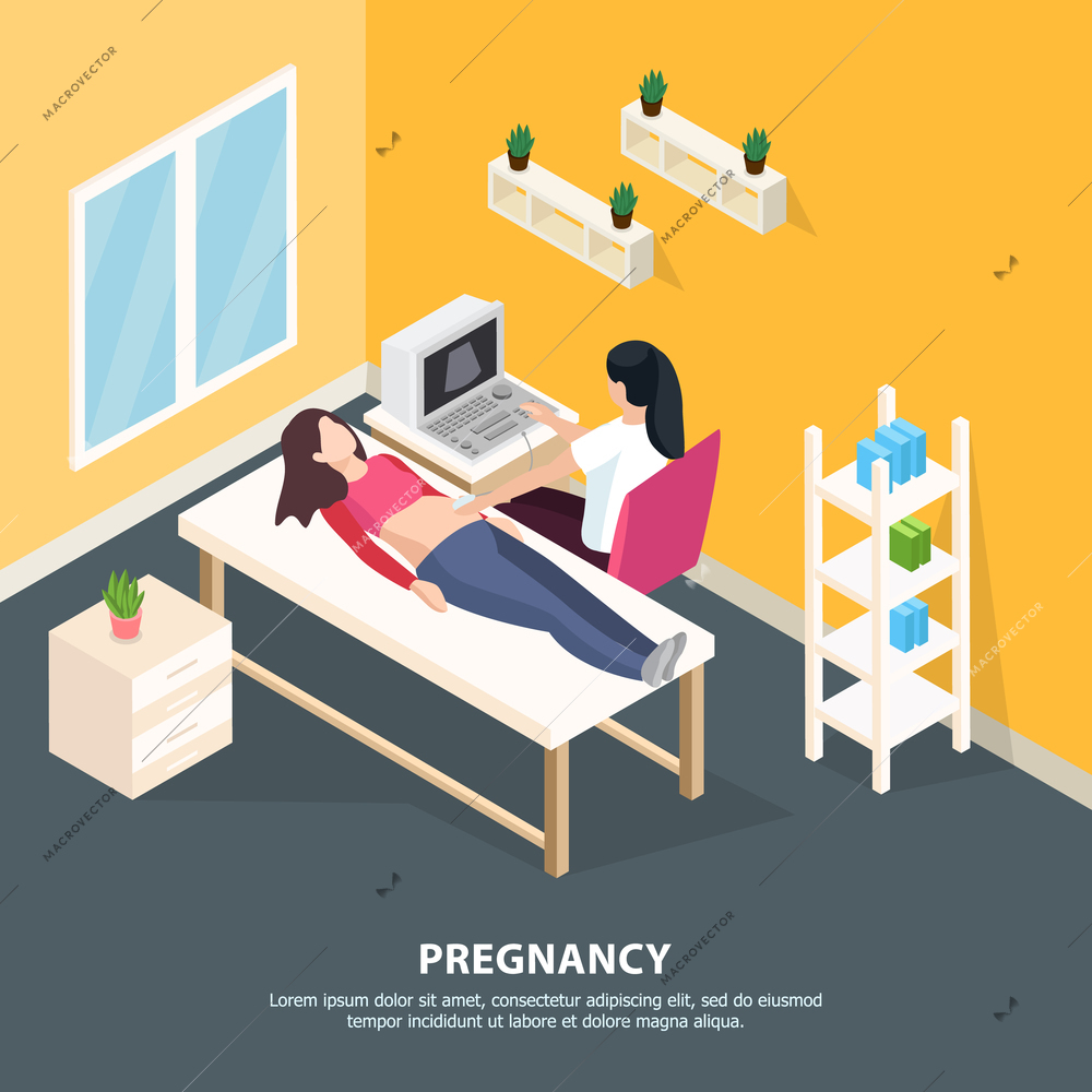 Women health isometric background with indoor composition in doctors surgery room human characters and editable text vector illustration