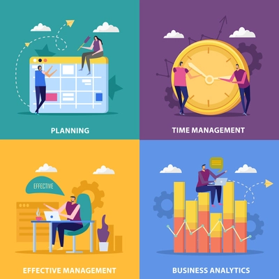 Effective management flat 2x2 design concept with images of calendar clock and graph symbols with people vector illustration