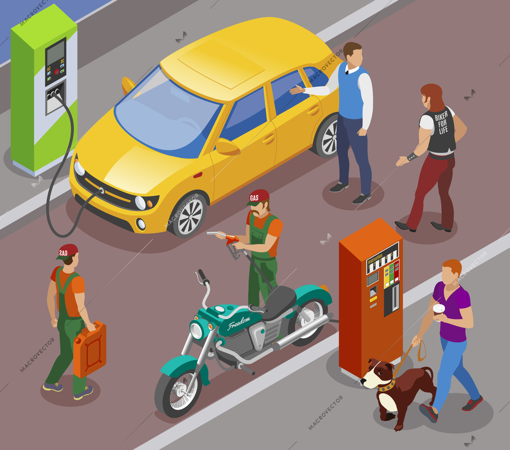 Gas stations refills isometric composition with gasoline filling columns for cars and motorbikes with people characters vector illustration