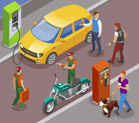 Gas stations refills isometric composition with gasoline filling columns for cars and motorbikes with people characters vector illustration