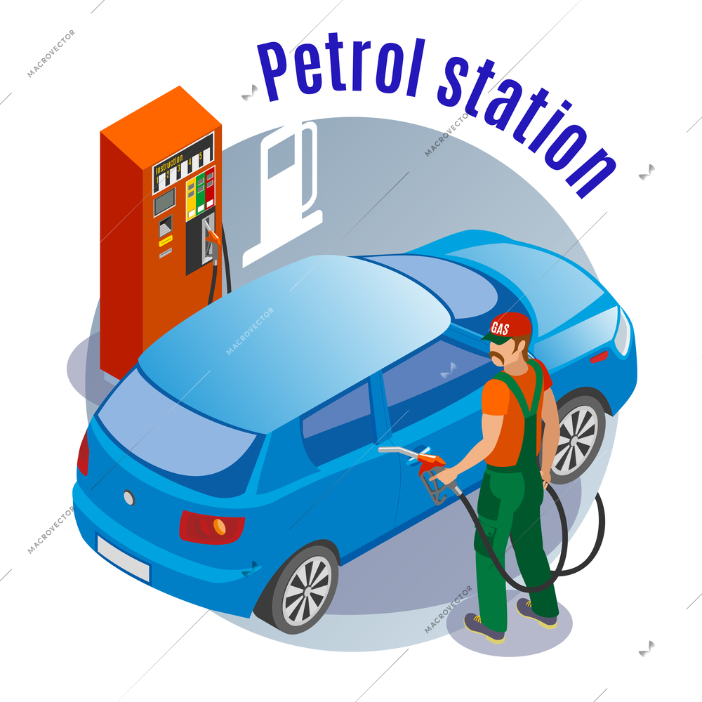 Gas stations refills isometric background with images of fuel filling column car fuelman character and text vector illustration