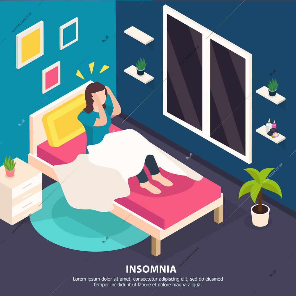 Women health isometric background with domestic composition of living room and woman having insomnia with text vector illustration