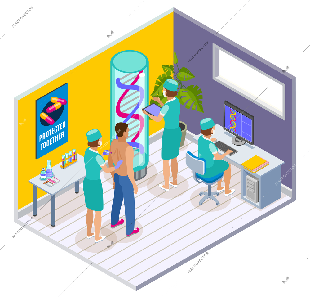 Vaccination isometric indoor composition with clinic surgery room interior elements and patient being vaccinated by doctors vector illustration