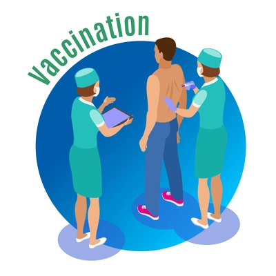 Vaccination isometric background with human characters of medical attentants giving jab to male patient with text vector illustration