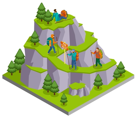 Hiking isometric composition with wild mountain panoramic image with walking paths and human characters of campers vector illustration