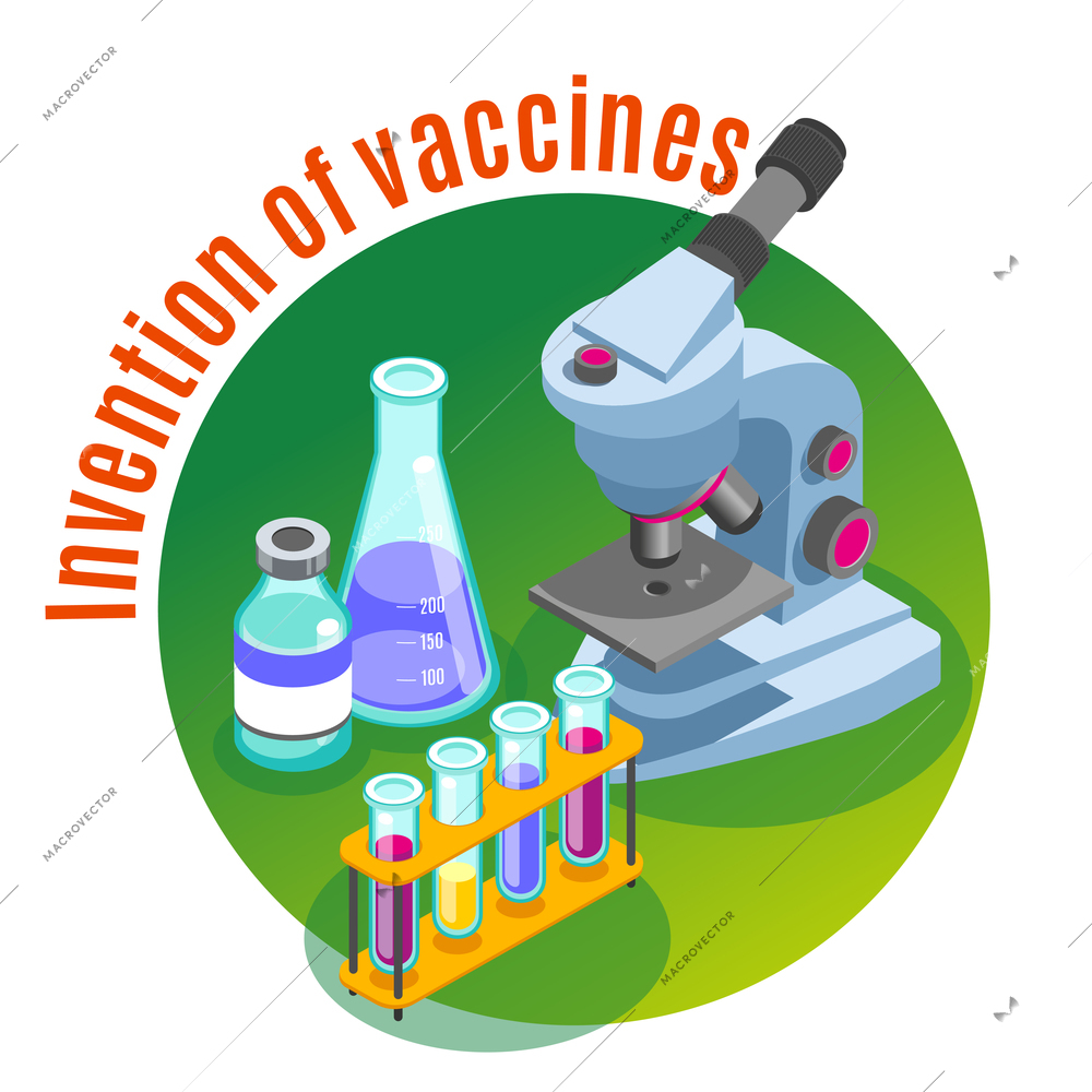 Vaccination isometric background with images of microscope and glass tubes filled with colourful liquids with text vector illustration